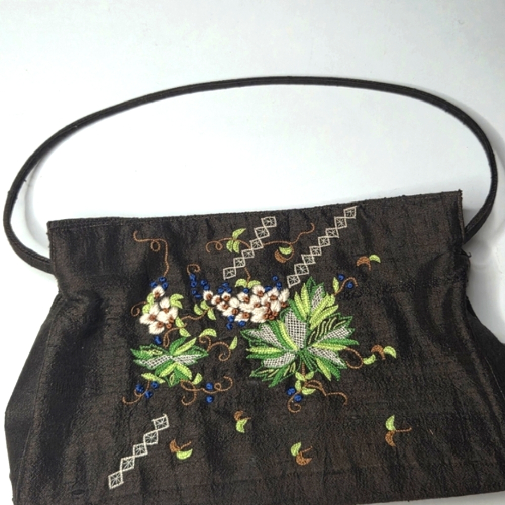 Vintage Moyna NY Brown Silk Purse Embroidered Hand Bag Floral